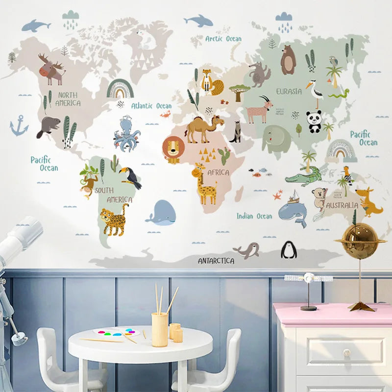 Autocollants Carte du Monde des Animaux – Stickers Muraux Éducatifs Enfants