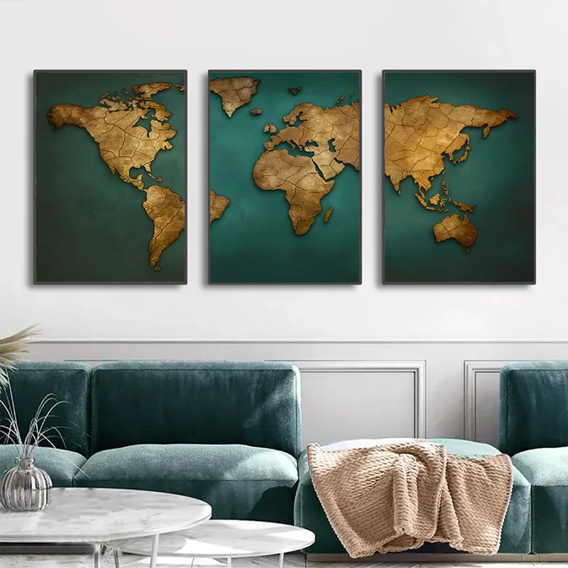 Carte du monde triptyque en 3 panneaux