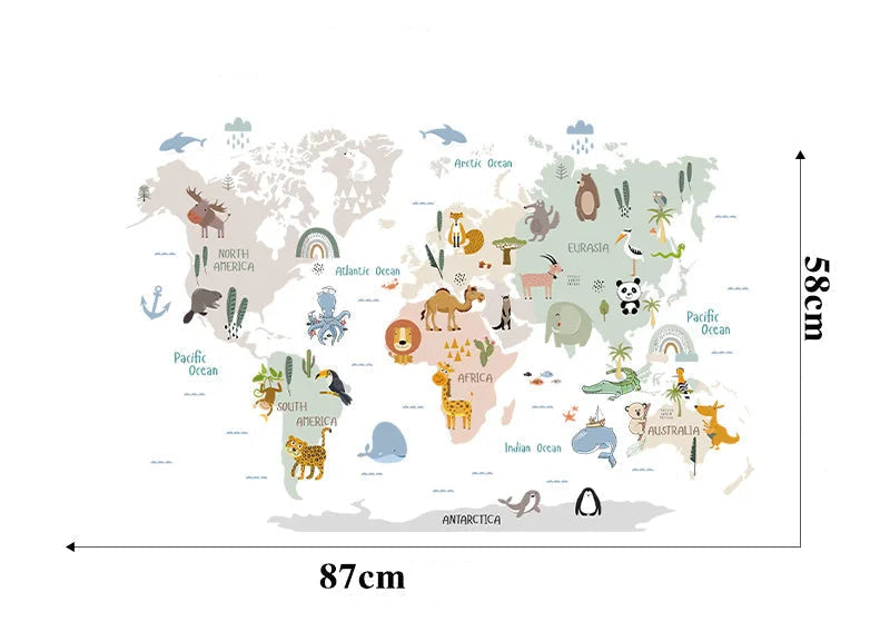 Autocollants Carte du Monde des Animaux – Stickers Muraux Éducatifs Enfants