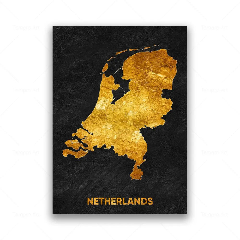 Tableau Carte en Noir et Or - Pays-Bas