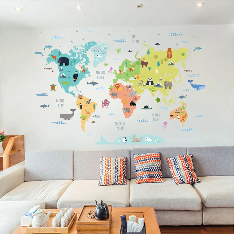 Autocollant mural de carte de la terre et animaux pour enfants - Sticker