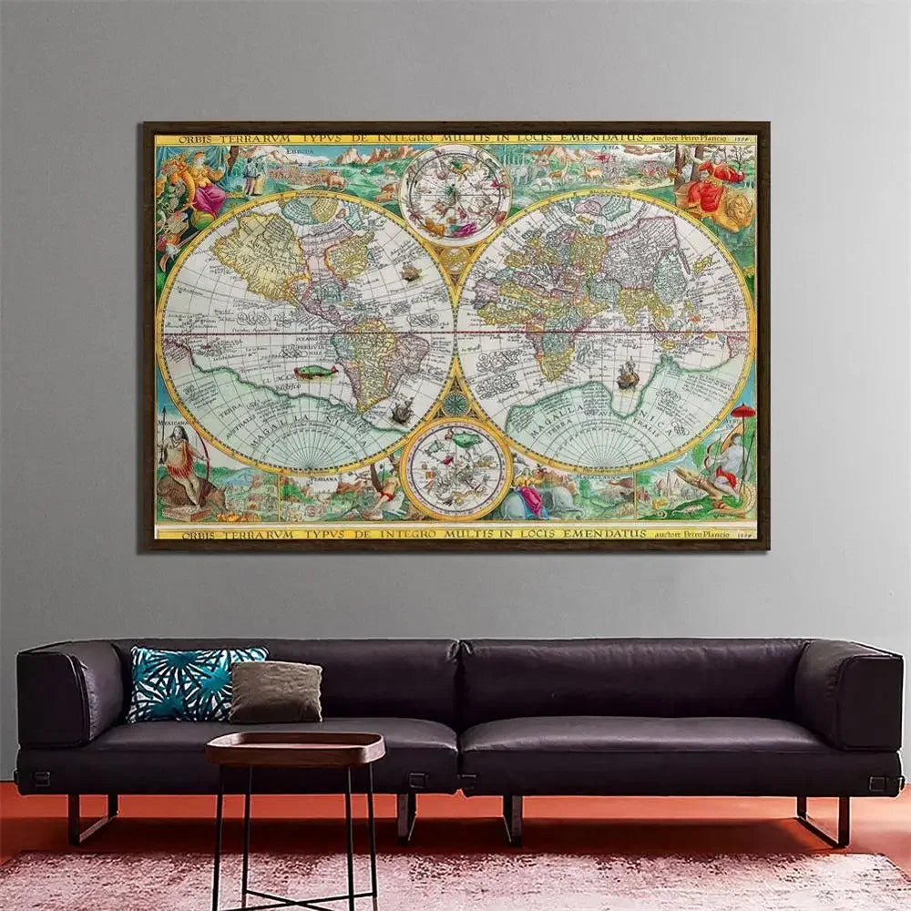 Tableau Carte du Monde Renaissance, Illustrations Zodiacales. Impression sur Toile 150x225cm