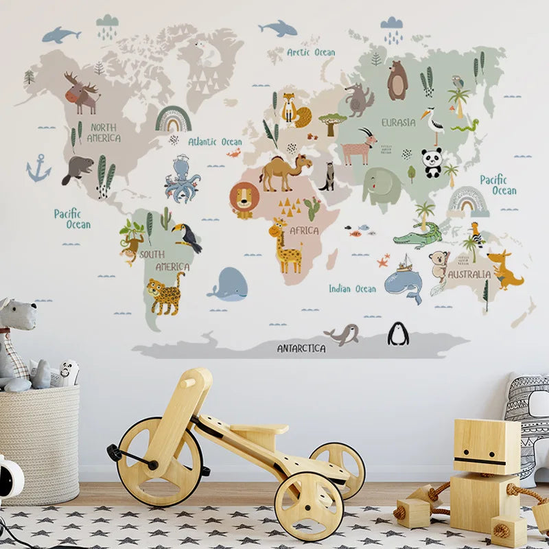 Autocollants Carte du Monde des Animaux – Stickers Muraux Éducatifs Enfants