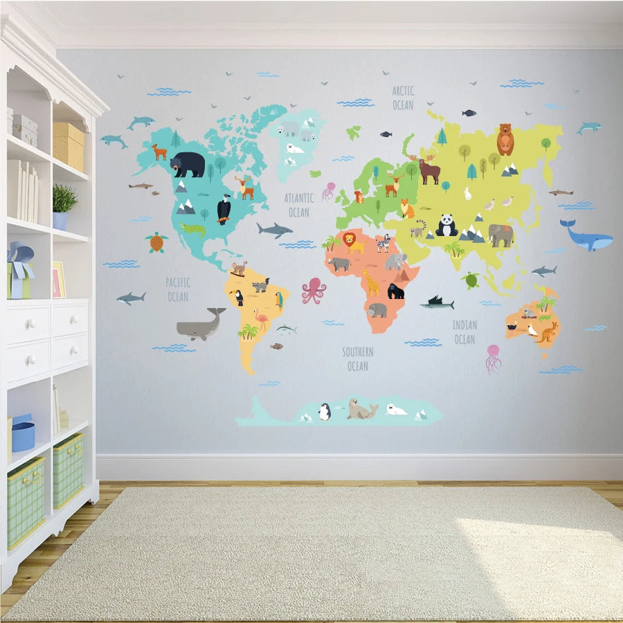 Autocollant mural de carte de la terre et animaux pour enfants - Sticker