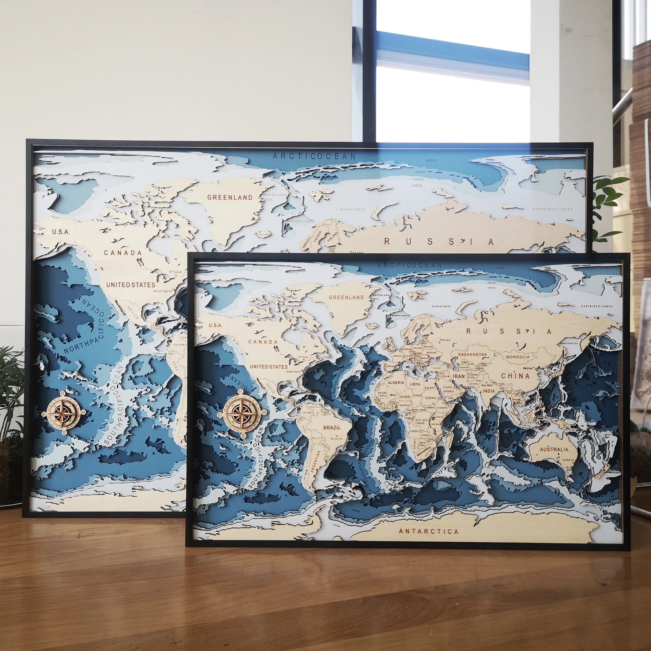 Carte du Monde et fonds marins 3D en Bois