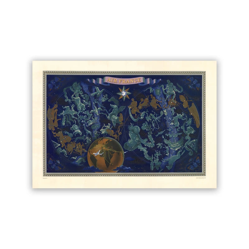 Affiche Vintage Astrologie, Carte Air France Zodiaque en Français
