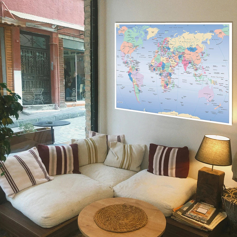 Poster Carte du Monde Vintage Français – Affiche Murale Décorative 120x80cm & 100x70cm