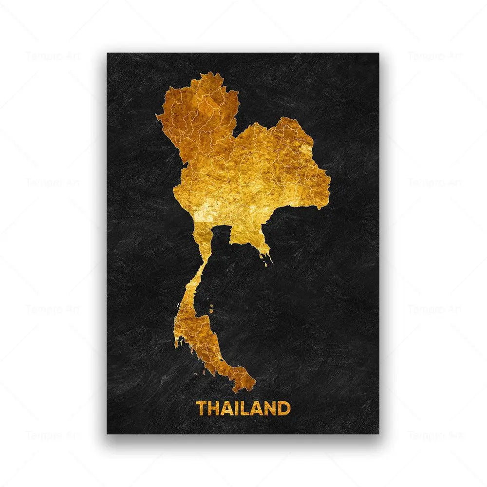 Tableau Carte en Noir et Or - Thailande