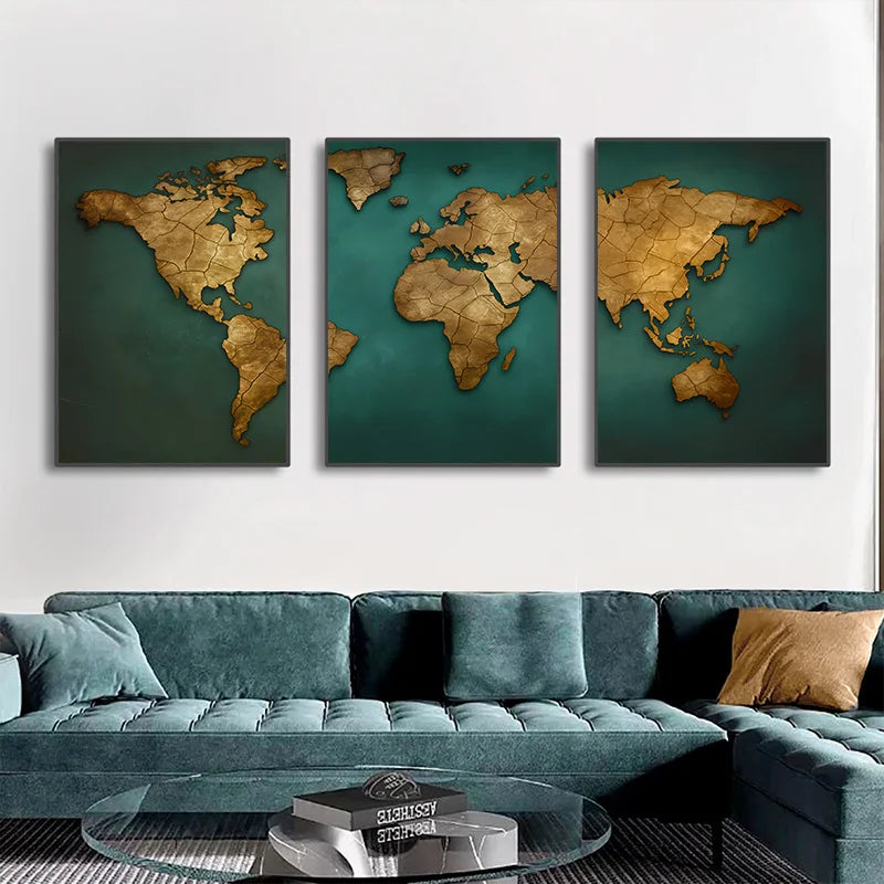 Carte du monde triptyque en 3 panneaux