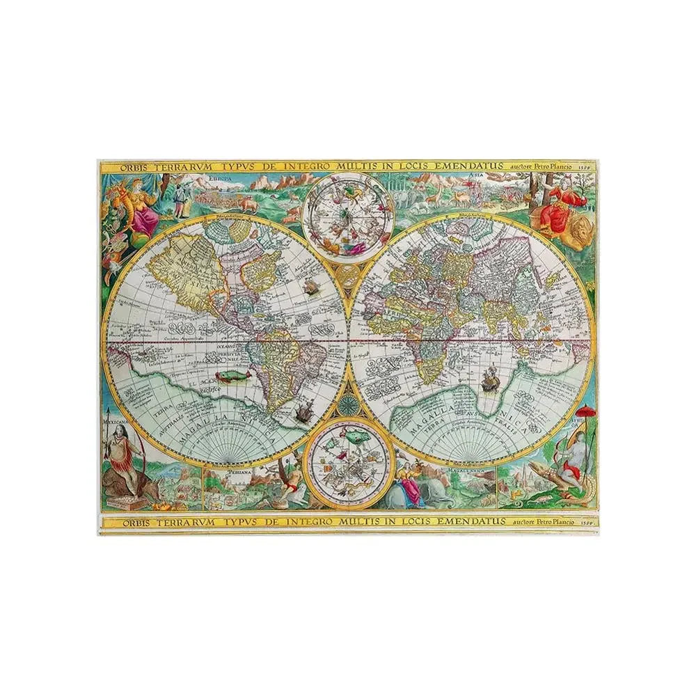 Tableau Carte du Monde Renaissance, Illustrations Zodiacales. Impression sur Toile 150x225cm