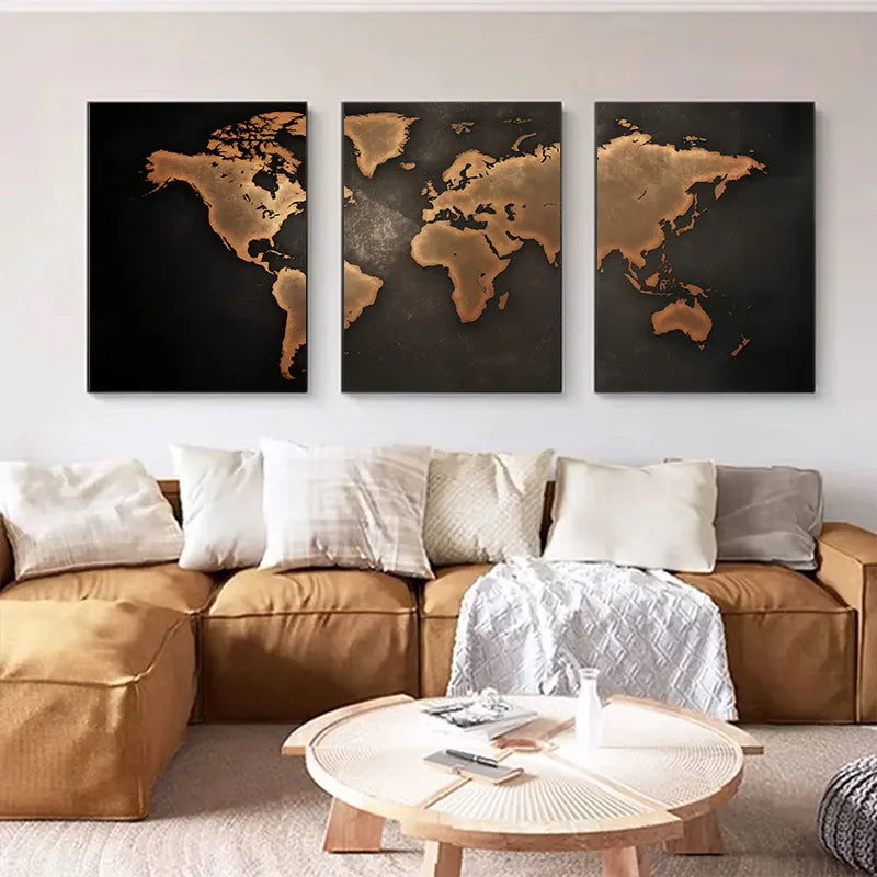 Carte du monde triptyque en 3 panneaux