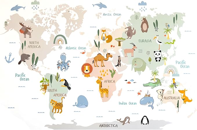 Autocollants Carte du Monde des Animaux – Stickers Muraux Éducatifs Enfants